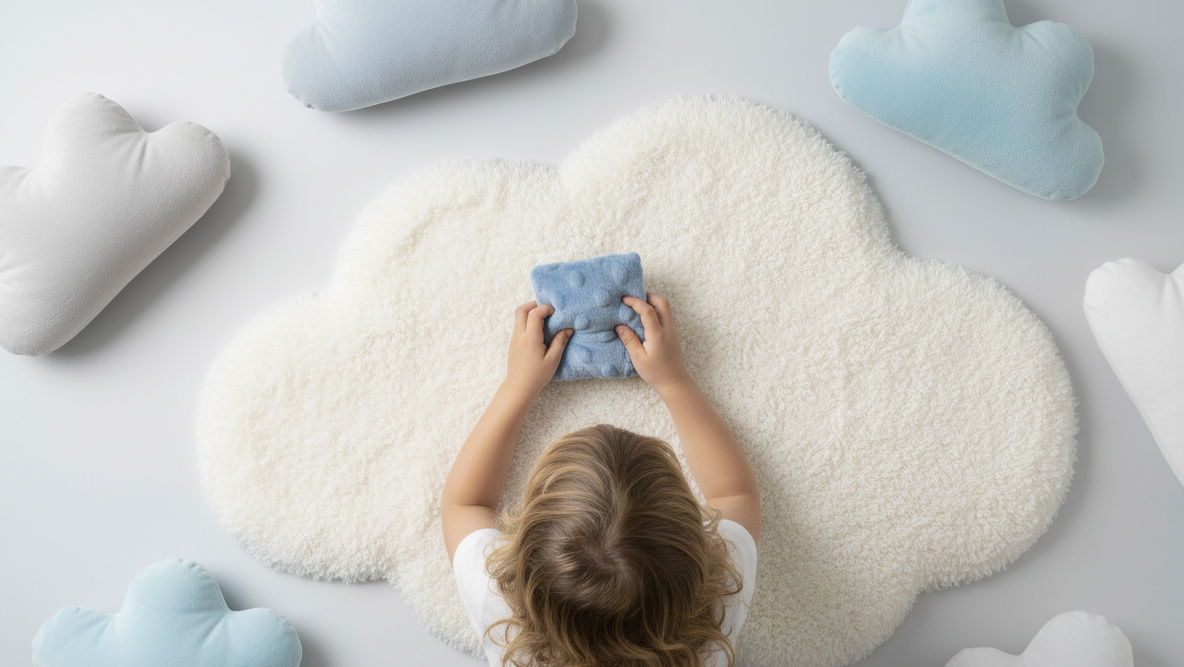 Enfant tenant un doudou sensoriel Apaizdoudou bleu pour l'apaiser