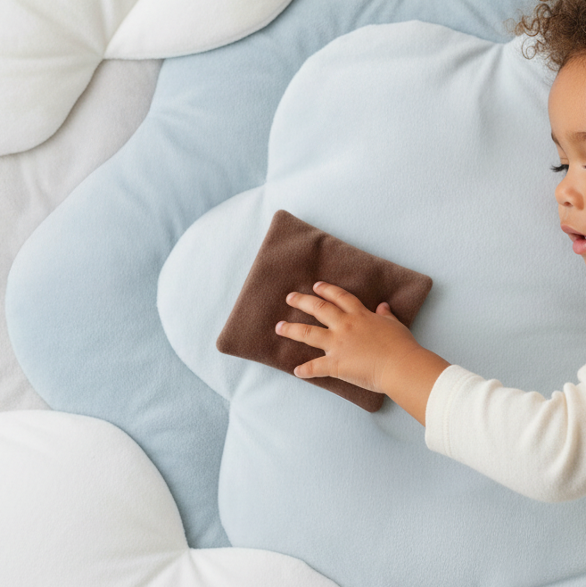 Enfant tenant un doudou sensoriel Apaizdoudou marron pour l'apaiser