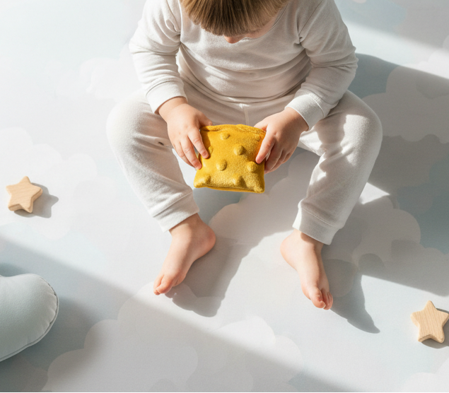 Enfant tenant un doudou sensoriel Apaizdoudou jaune pour l'apaiser